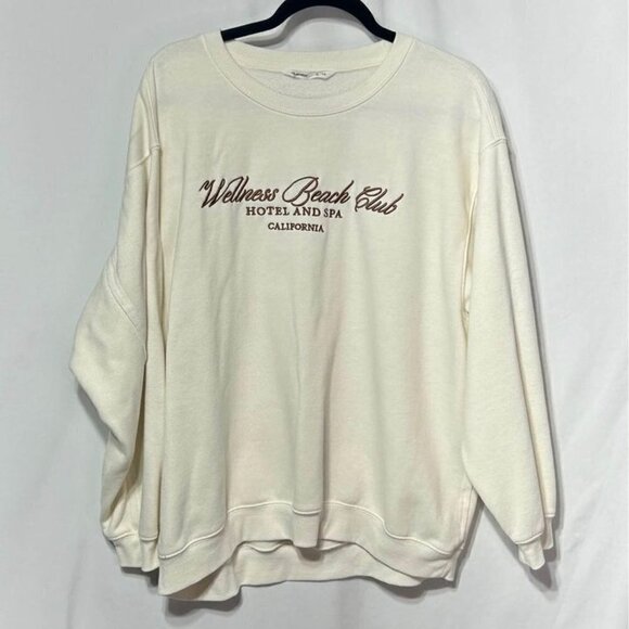 Oversized crew neck sweatshirt. Size XL. Cream/brown. “Wellness beach club”. - Picture 1 of 9